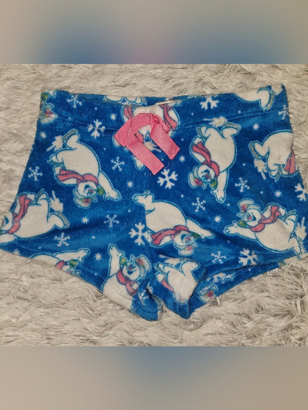 Frosty the Snowman Fuzzy Plush Sleep Shorts Blue Winter Pajama Bottoms Juniors L